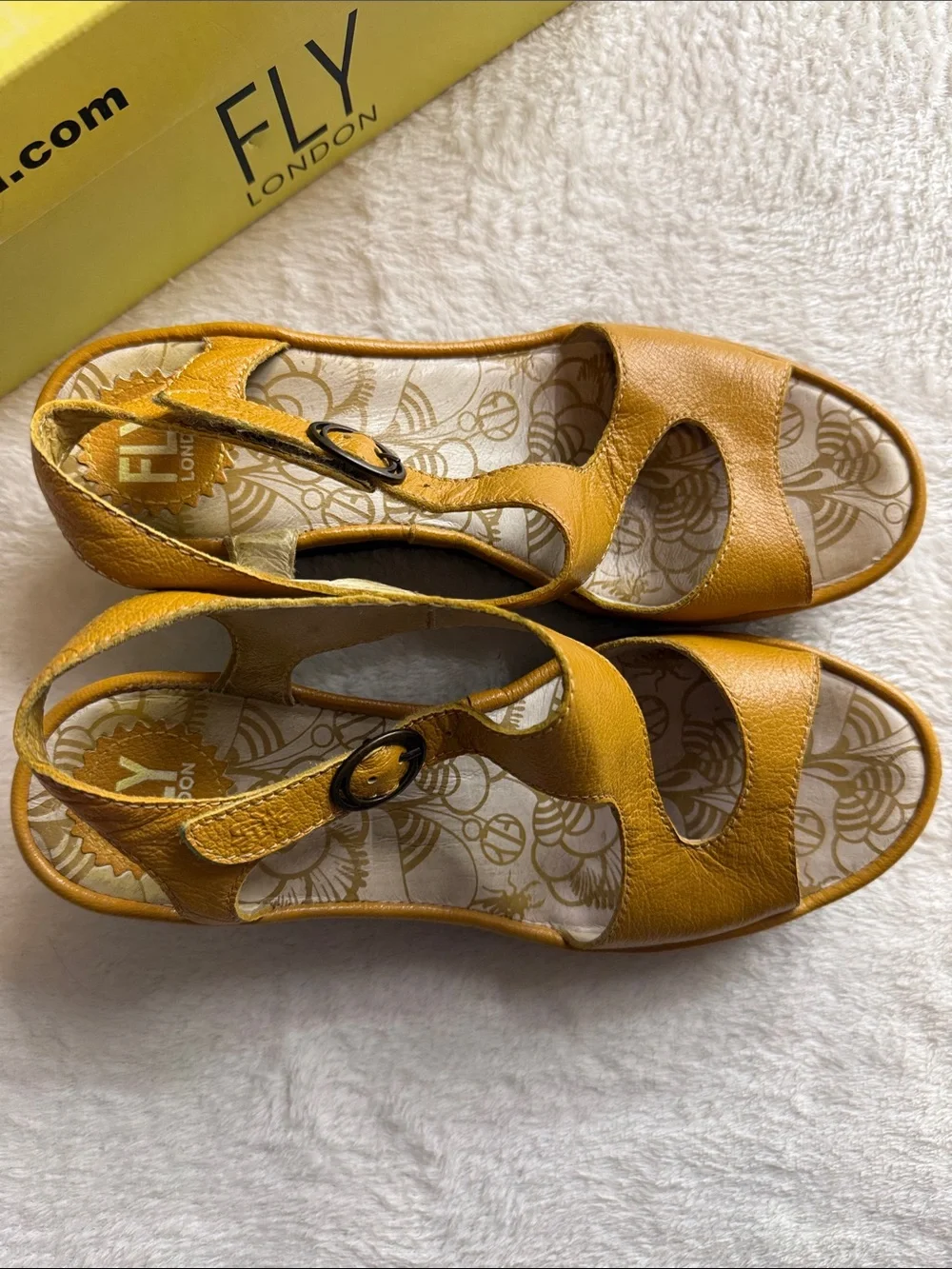 FLY London Yanca Mustard Yellow Leather Wedge Sandals Size US 8.5
